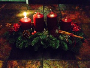 Advent candles - first one lit for the first sunday of advent - 3 more to go!!!!