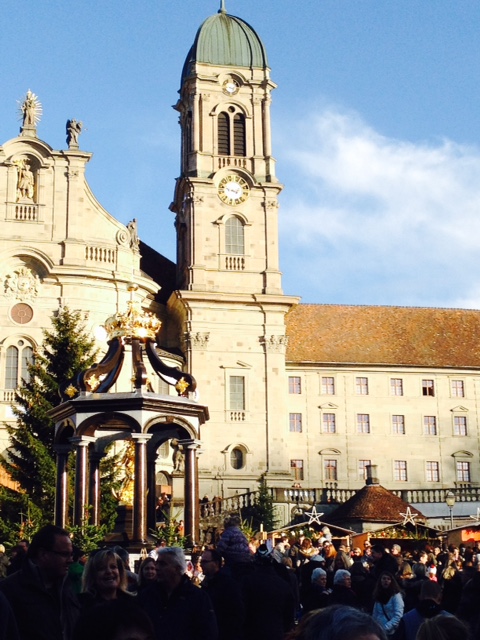Front facade of the Einsiedeln Monastery and the Weihnachtsmarkt