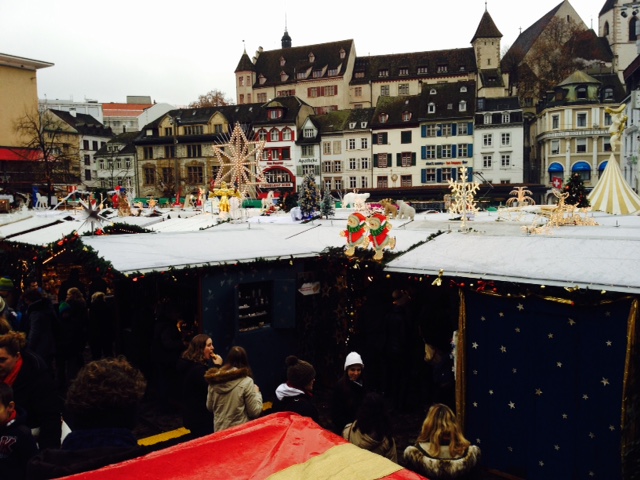 Overview of the Barfusserplatz section of the Basel Weihnachtsmarkt