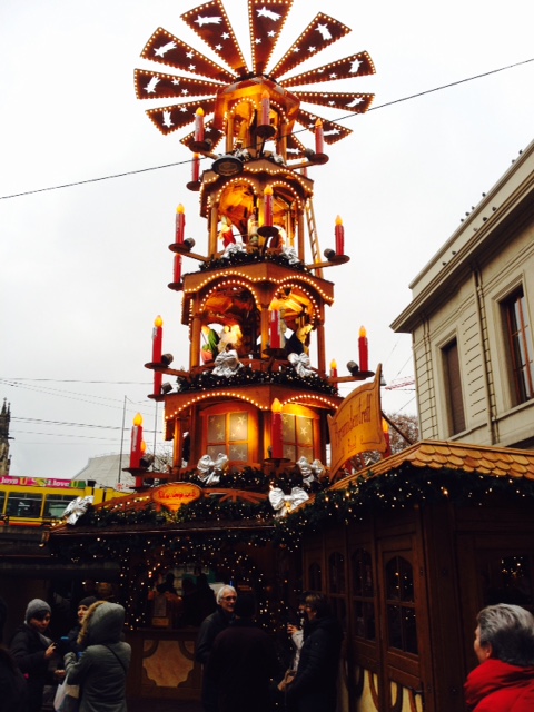 A gorgeous "Christmas Pyramid" at the Basel Weihnachtsmarkt. Did you know it is thought these might have been the predecessors to Christmas trees?!?