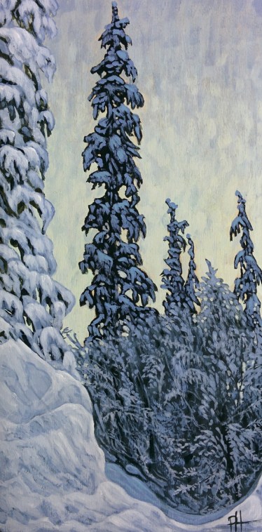 "Snowy Pines" Acrylic on wood panel, 15 x 30 cm
